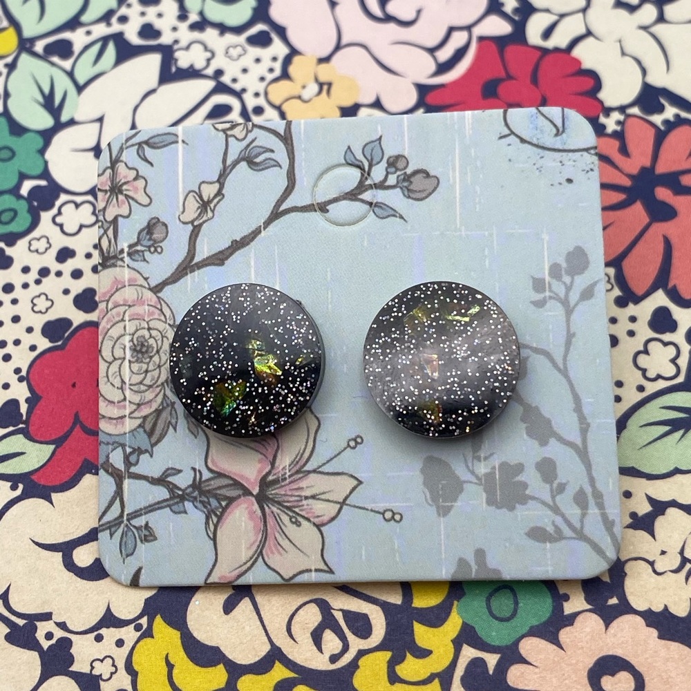 3 for $12 - Black Glitter Reflective Chunk Disc Sterling Silver Earrings